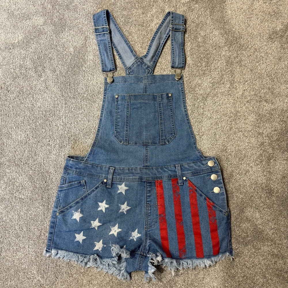 Tinseltown Denim Short Overalls with American Flag Stars & Stripes size small